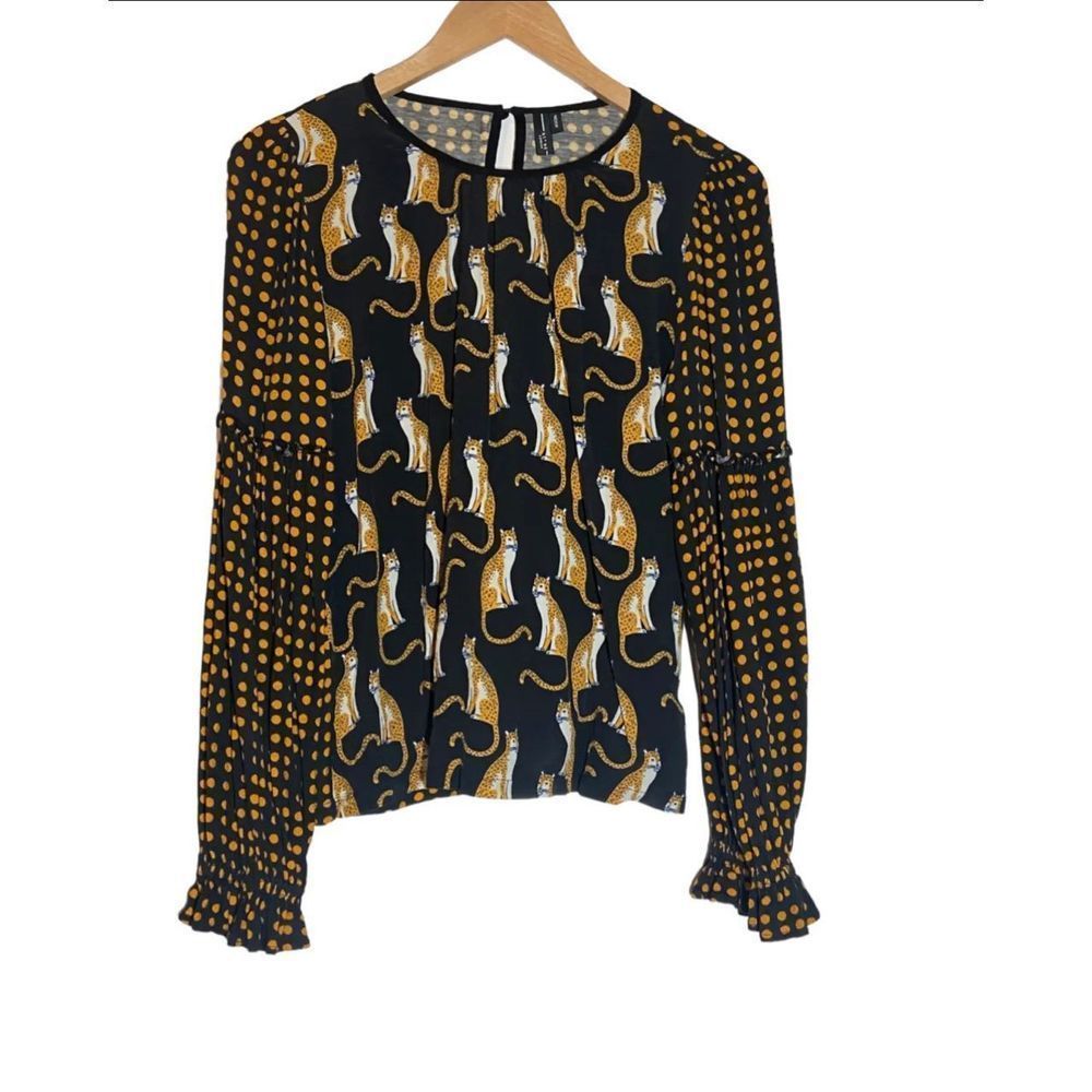 Anthropologie Bl Nk London Big Cat Blouse Women’s Sz L Ruffle Sleeve Polka Dot